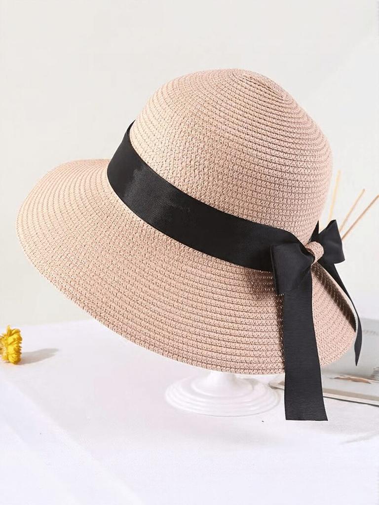 Women Wide Brim Straw Sun Hat With Black Bow Band For Beach Summer