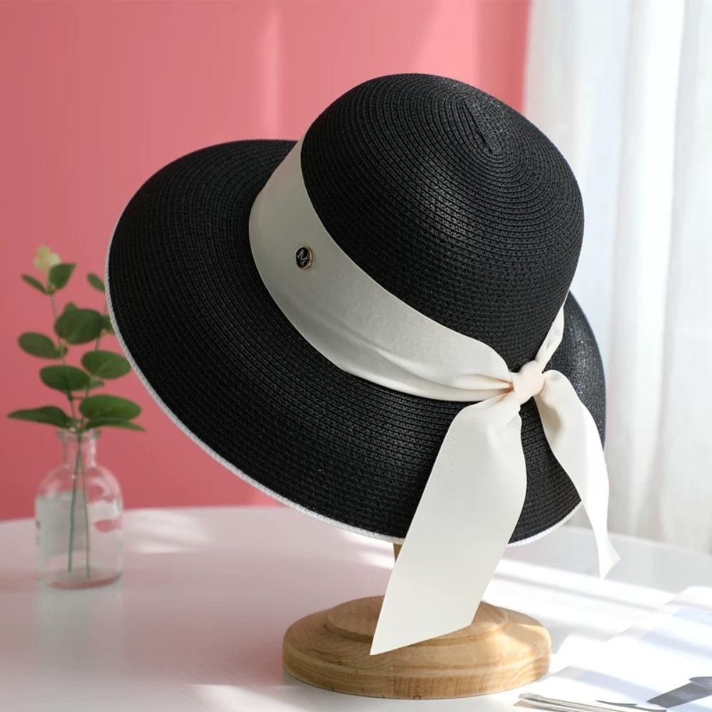 Bow Detail Wide Brim Hat Sun Protection Summer Sun Cap Elegant Beach Bucket Hat  Travel