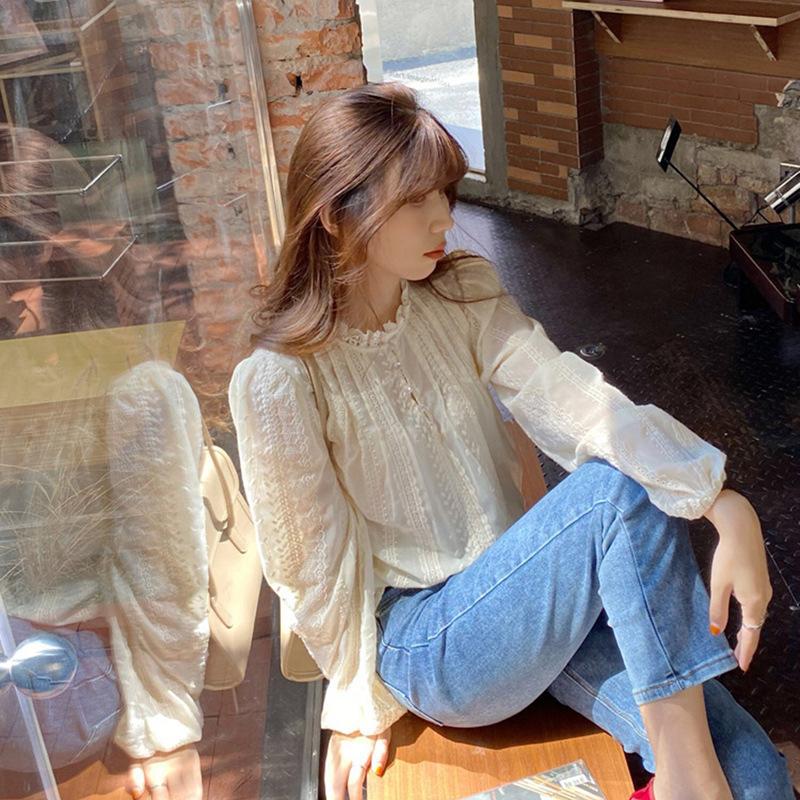Spring O-neck Elegant Blouse Puff Sleeve Sweet Women's Shirt Fashion New Lace Long Sleeve Tops