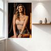 Sexy Blonde Woman Wavy Hair Light Pink Crop Top Denim Shorts Wooden Wall Rope Knot Curtain Warm Light Tin Sign Metal Poster Bar