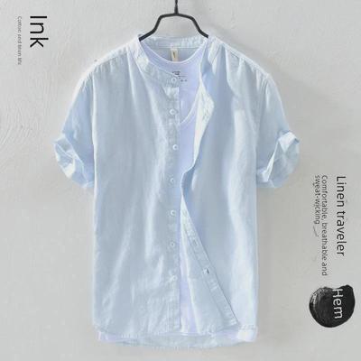 Men's Short-Sleeve Linen Shirt, Chinese Stand Collar, Casual Loose-Fit, Summer Trend