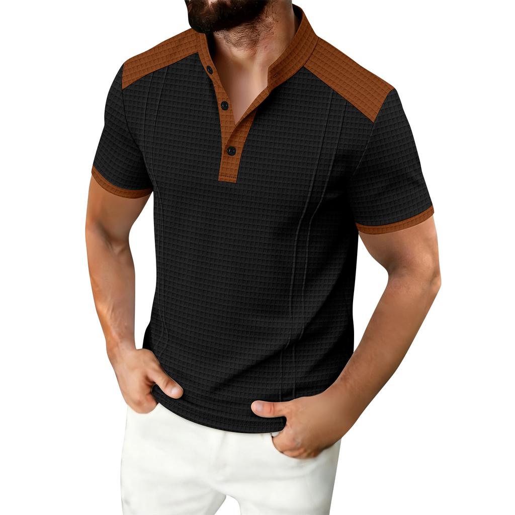 Men's Color Blocked Stand Up Collar Single Breasted Shirt  Men's Casual And Comfortable Short Sleeved Shirt