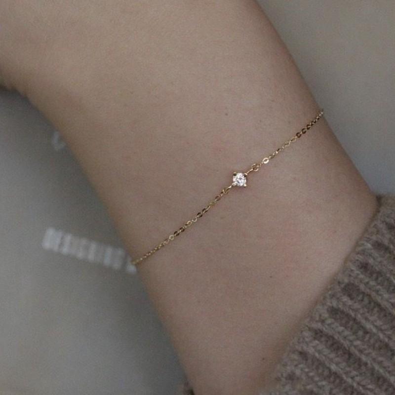 Sterling Thin Chain Bracelet With 14K Gold Plated CZ Stone Geometric Rhombus Design Daily Wear Layering