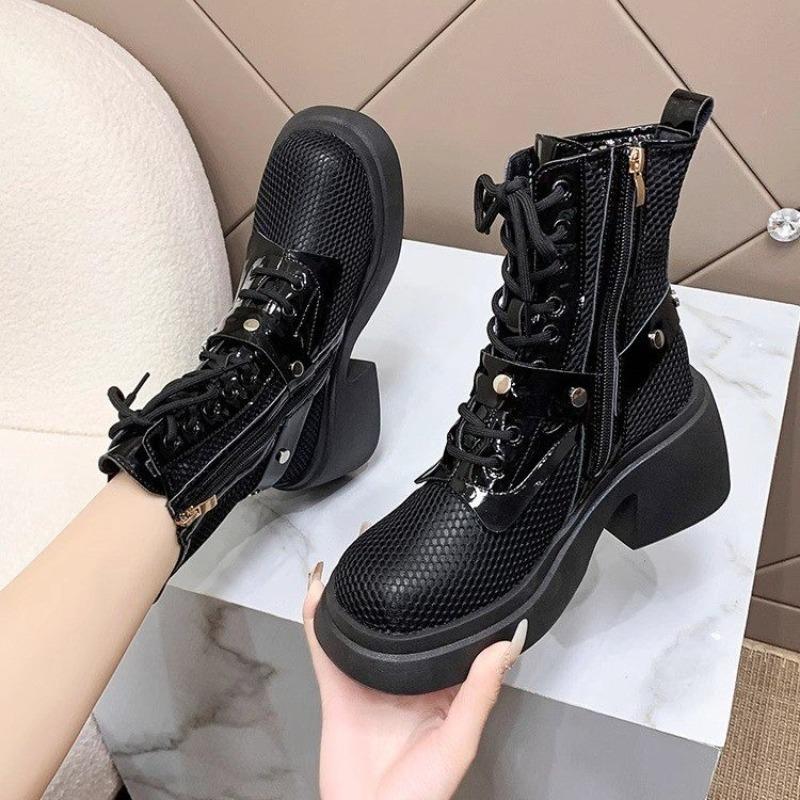 Women'S Fashion Cool Boots Fashion Round Head Mesh Breathable Front Lace-Up Metal Chain Waterproof Platform Heels