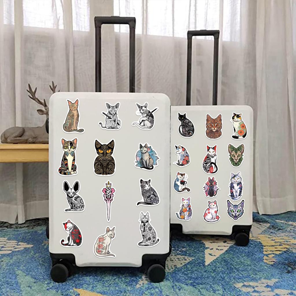 50 Cartoon Tattoo Cat Doodle Stickers Guitar Notebook Suitcase DIY Waterproof Stickers