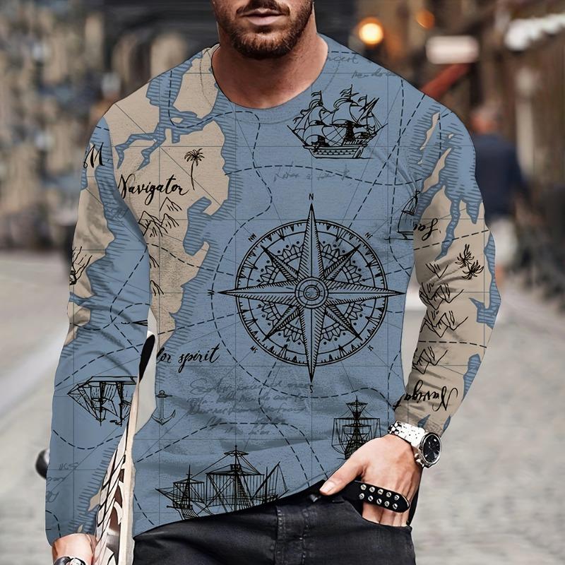 Vintage Herren Langarm T-Shirt Mode Kreuzmuster Langarm 3D Kleidung Seekarte Print Street Harajuku Übergroß