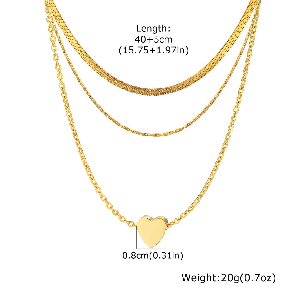French Chic Layered Stainless Steel Necklace Set for Women, Gold Plated Snake Heart Chain 3-in-1 Tarnish Free Jewelry