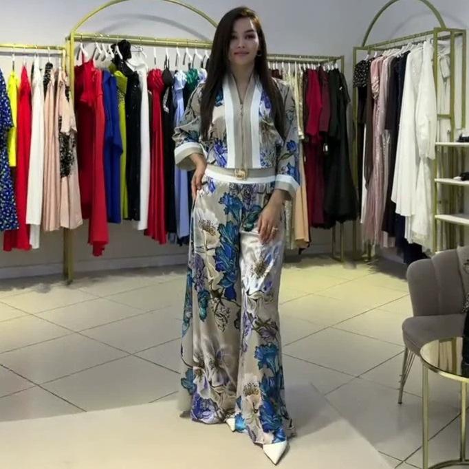 Spring and Autumn New European and American Women's Clothing Cross-border Long Sleeve Cardigan Zipper Jacket Casual Wide Leg Pants Two-piece Set