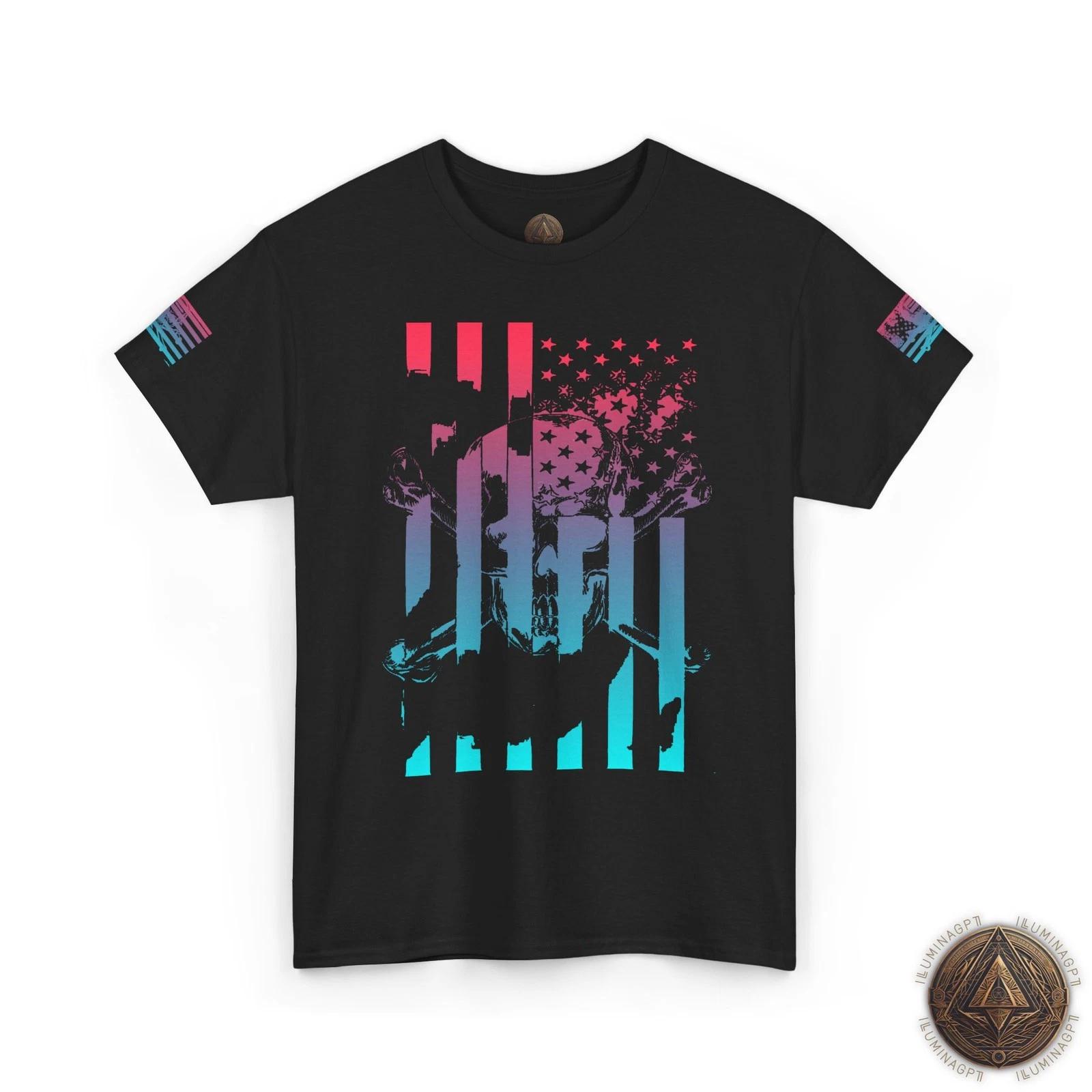 Patriotic Distressed USA Flag Skull & Crossbones T shirt - Miami XL