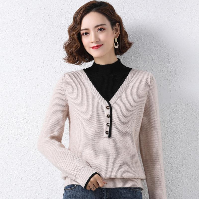 Suéter de cuello medio para mujer, holgado, versátil, estilo occidental, imitación de dos piezas, camiseta de punto básica, otoño e invierno