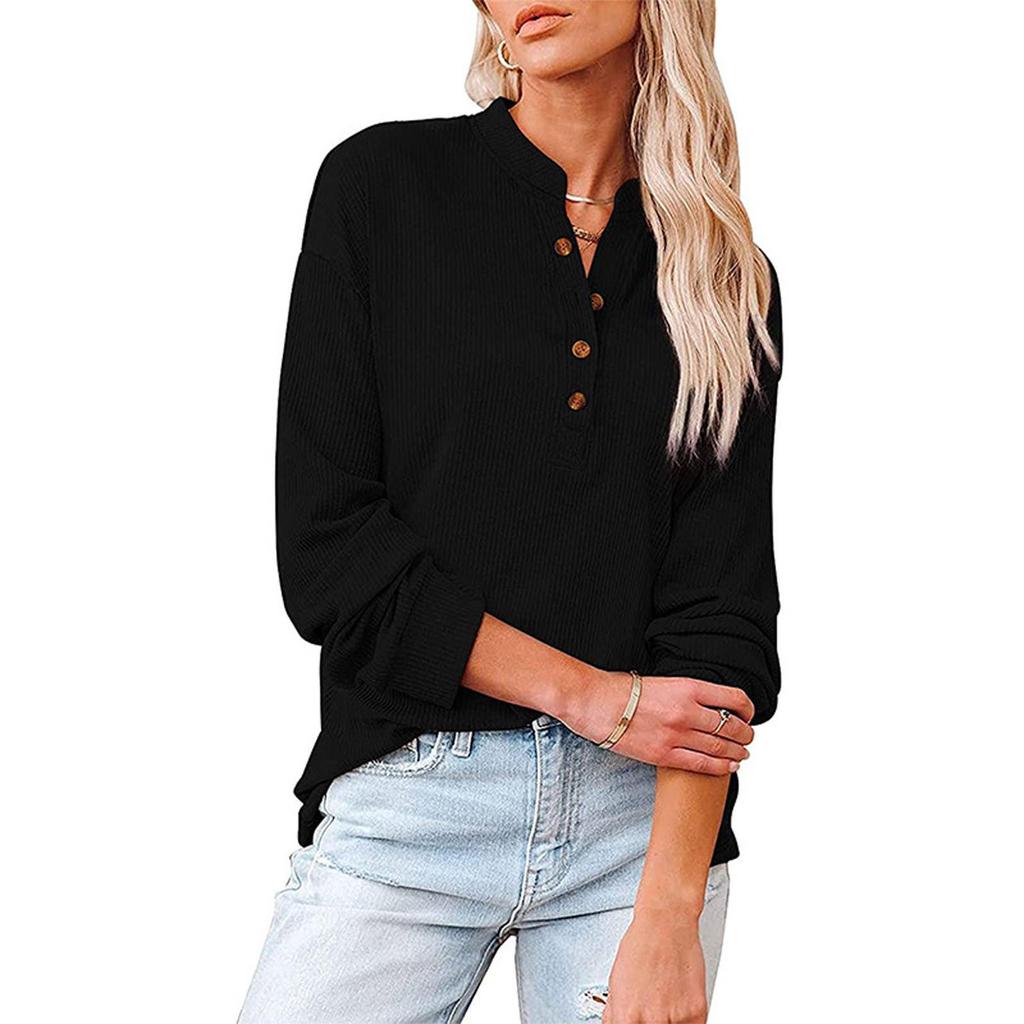 Women's Casual T-Shirt Buttons V-Neck Long-sleeved Knitted Shirt Blouse Tops