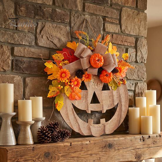 Illuminated Pumpkin Garland with Lights Wooden Halloween Door Sign LED Lights, Artificial Floral Hanging Burlap Wreath Berries Ornament for