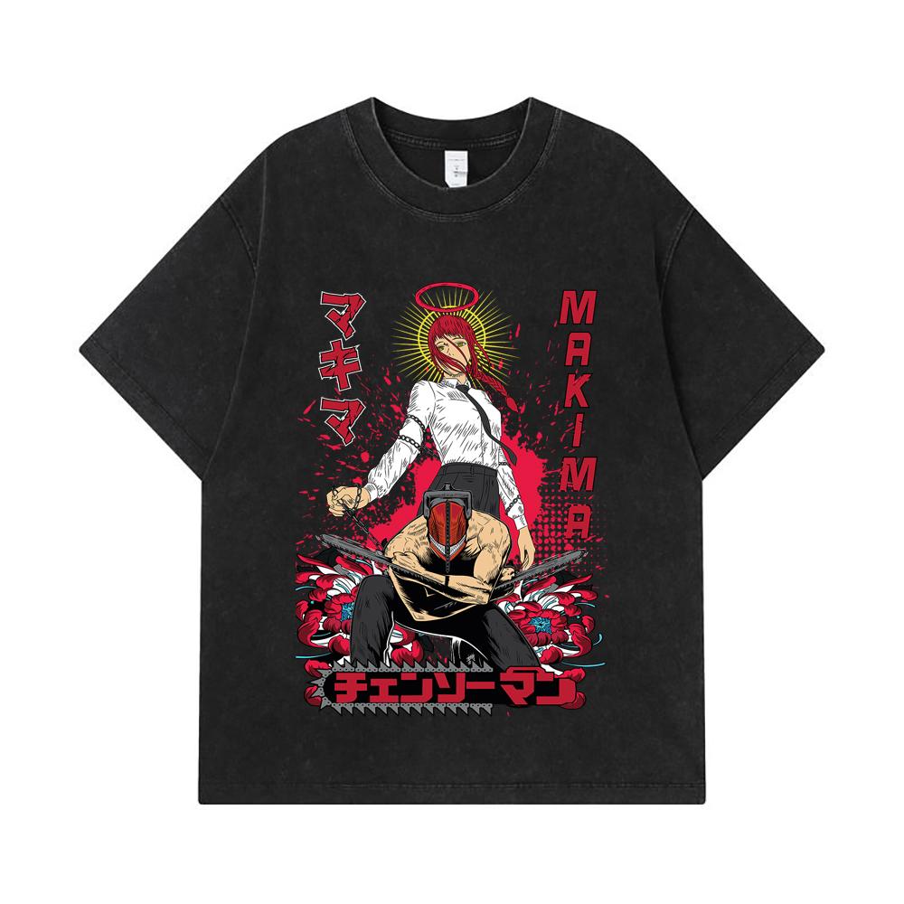 275 GSM Washed T-shirts 100% Cotton Chainsaw Man V23 Denji Makima Print Unisex Heavy Cotton T Shirt
