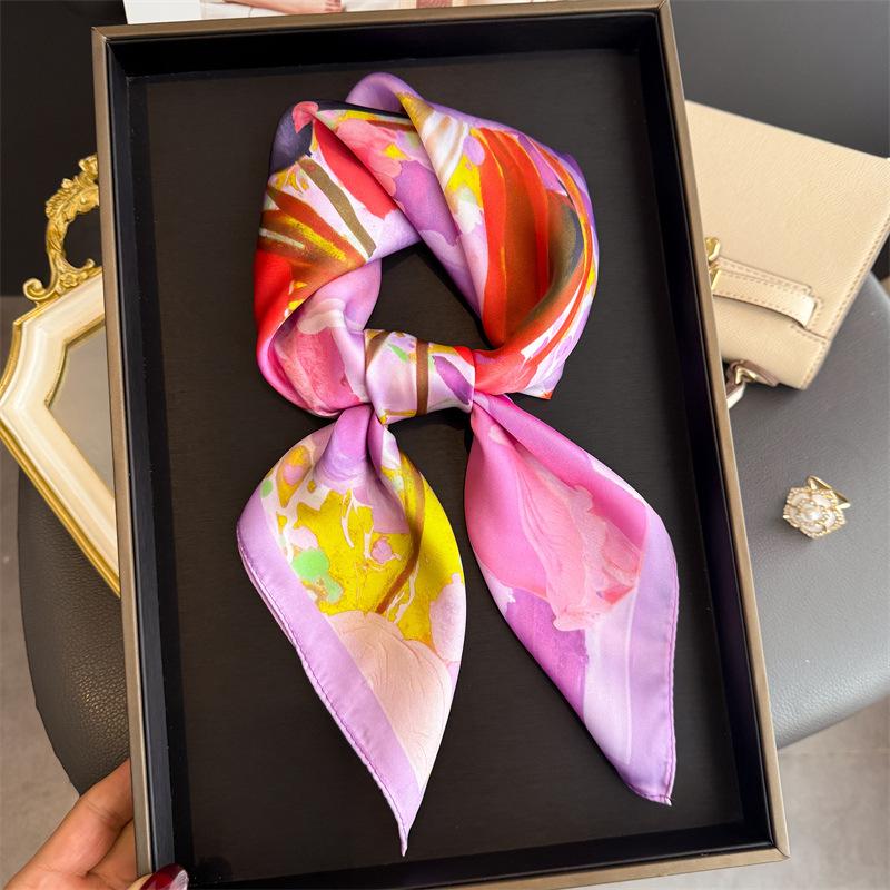 70cm Fashion Square Silk Scarf for Women Print Neck Shawl Versatile Headwear Clothing Bandana Hijab and Handkerchief Headscarf