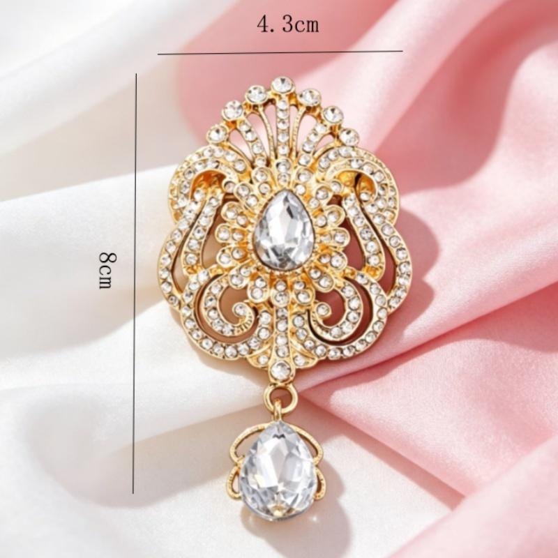 Vintage Rhinestone Brooch Unique Teardrop Crystal Hollow Design Delicate Alloy Ornament for Wedding Anniversary Gift
