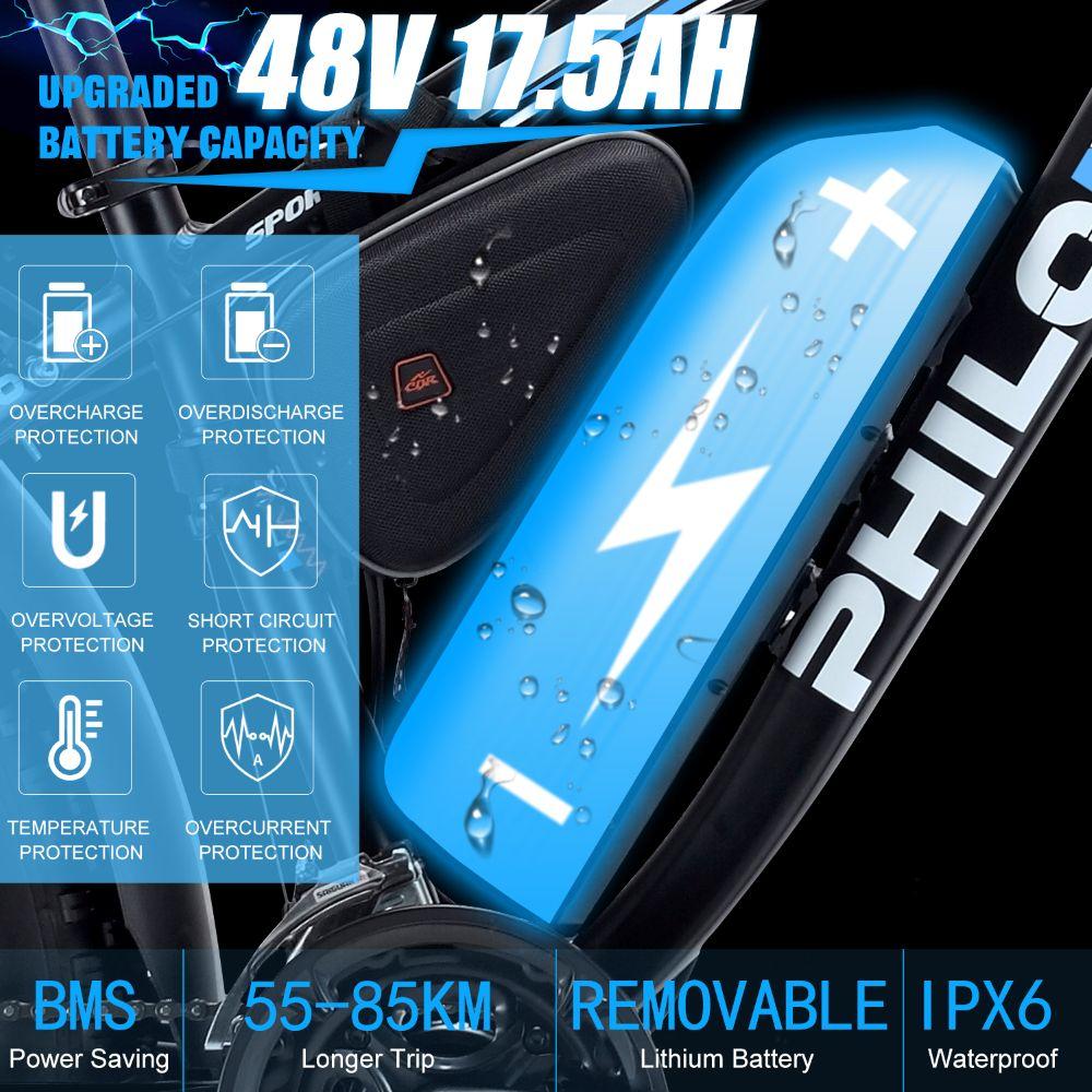 Electric bicycle PHILODO H7 Pro, 1000W motor, 48V 17.5Ah battery, top speed 45 km/h, cruising range 80km, 26x4.0 inch tires