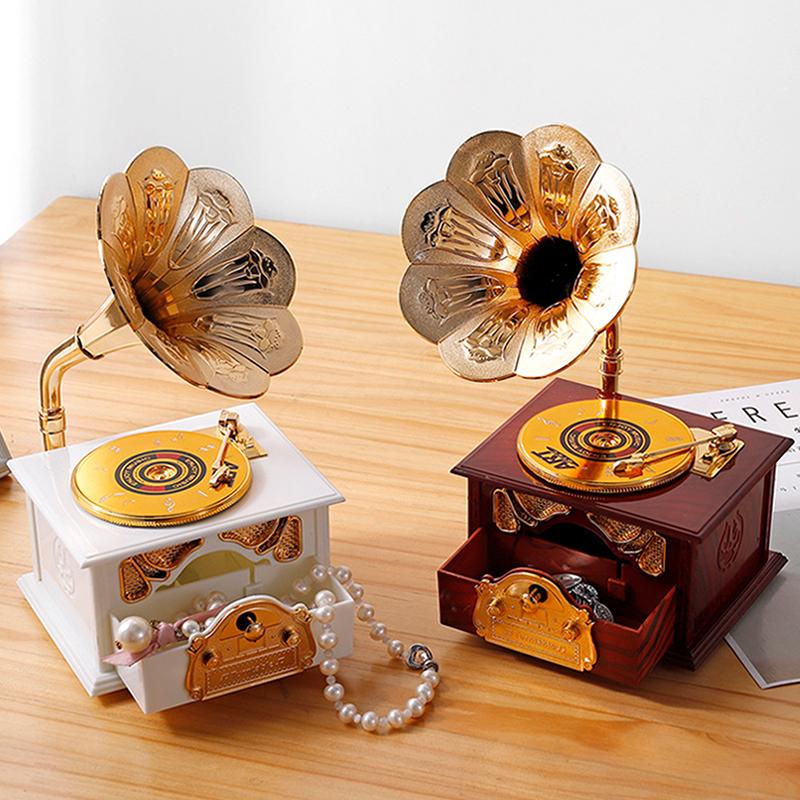 Antyczny Klasyczny Retro Gramofon z Tubą Pozytywka Nostalgiczny Styl Gramofon Pozytywka Dekoracja Domu Prezent