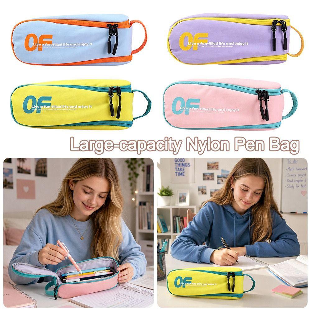 Macaron Color Pen Bag Nylon Stationery Organizer Portable Pencil Case Students