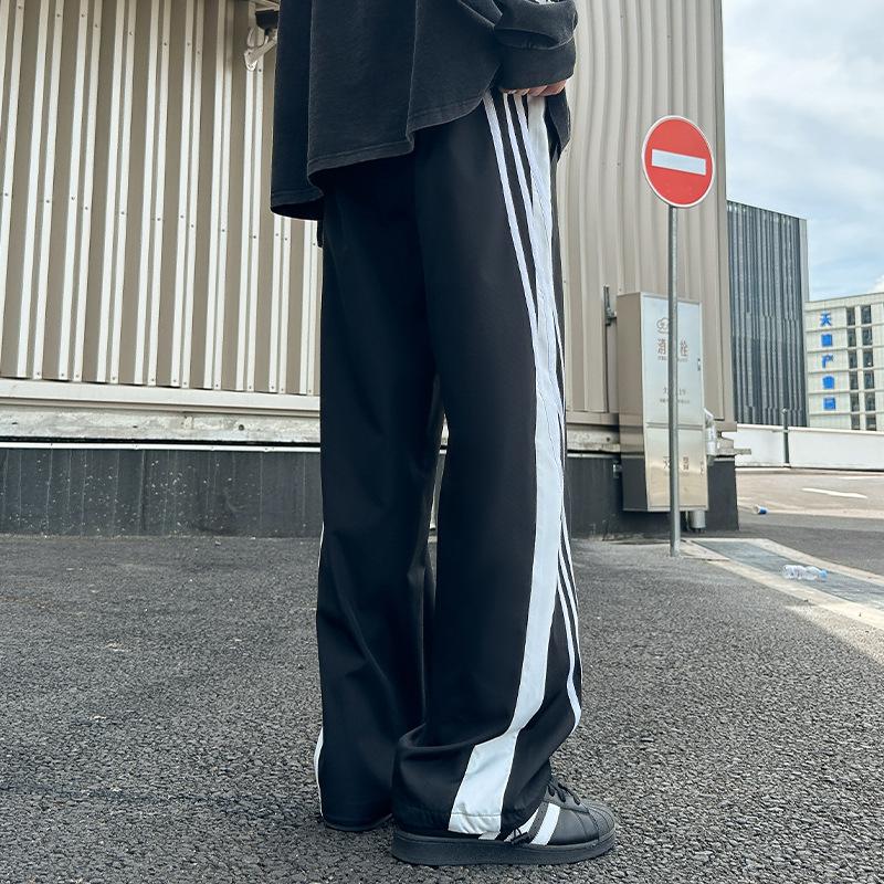 Autumn new large size Guochao three-bar shock pants Hong Kong style men's straight-leg pants wide-leg pants casual trousers