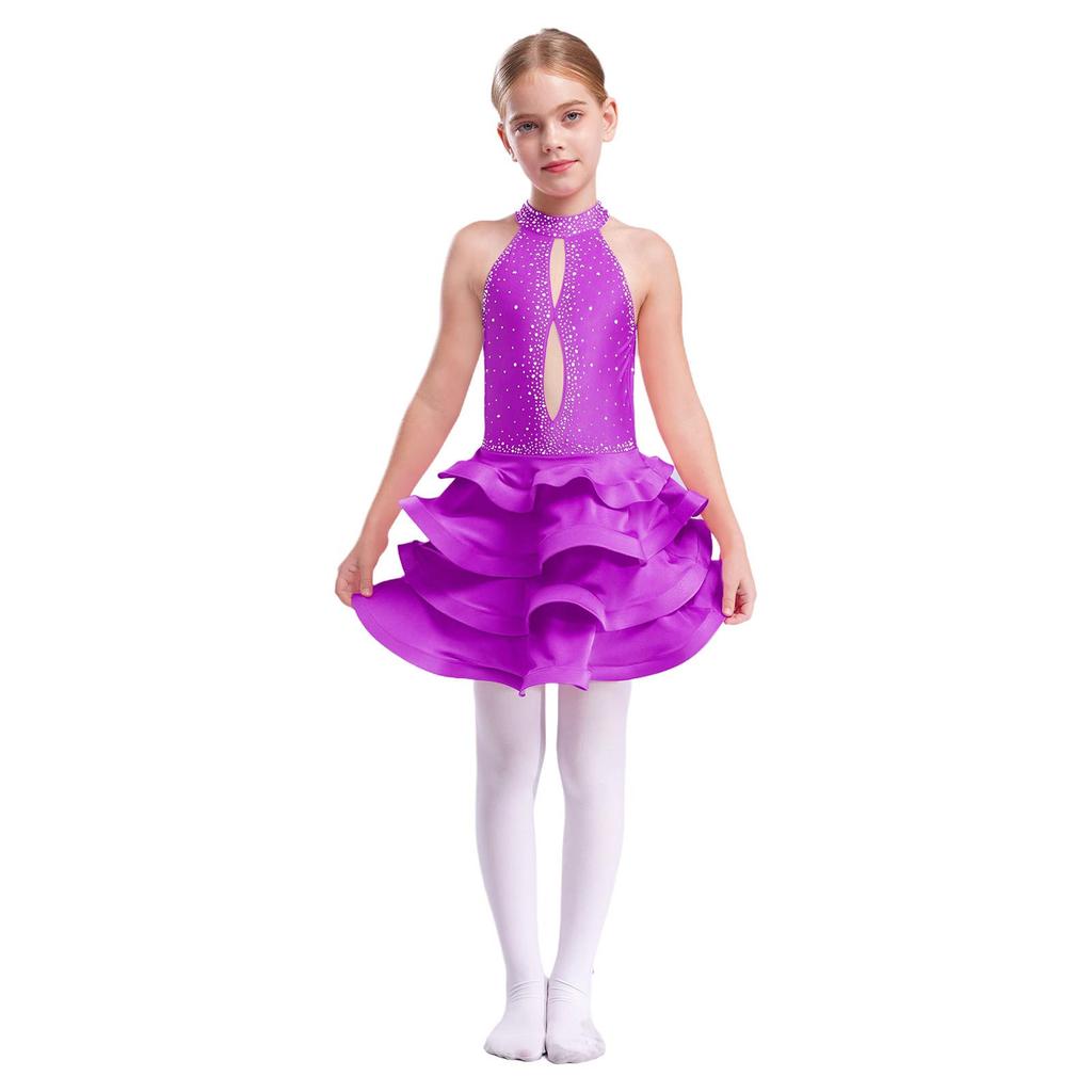 Dívčí latinské taneční šaty bez rukávů s odhalenými zády, lesklými kamínky a stupňovitou sukní, kostým na vystoupení, recitál