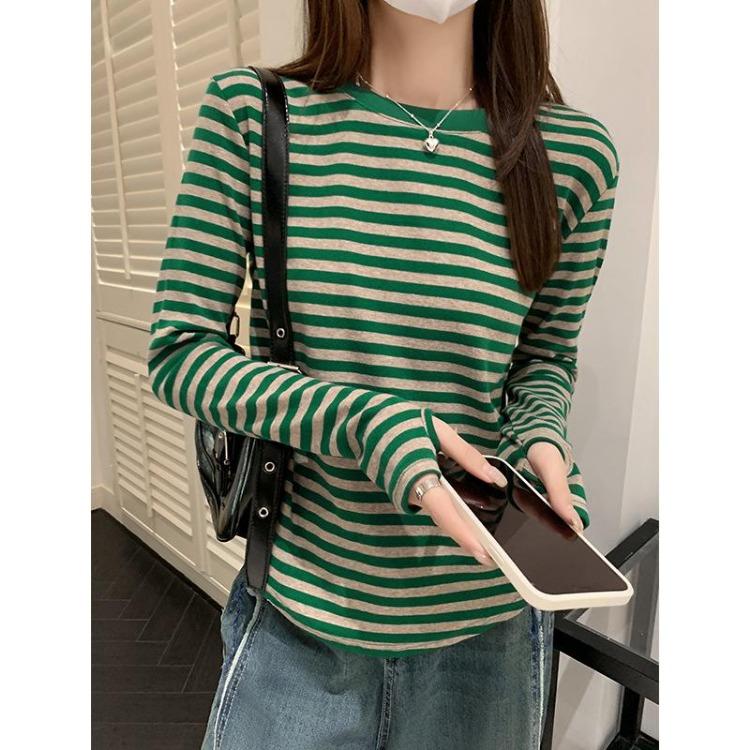 Beautiful Contrast Striped Round Neck Long Sleeve Top for Women Loose Slimming Pure Cotton T Shirt with Bottoming Shirt