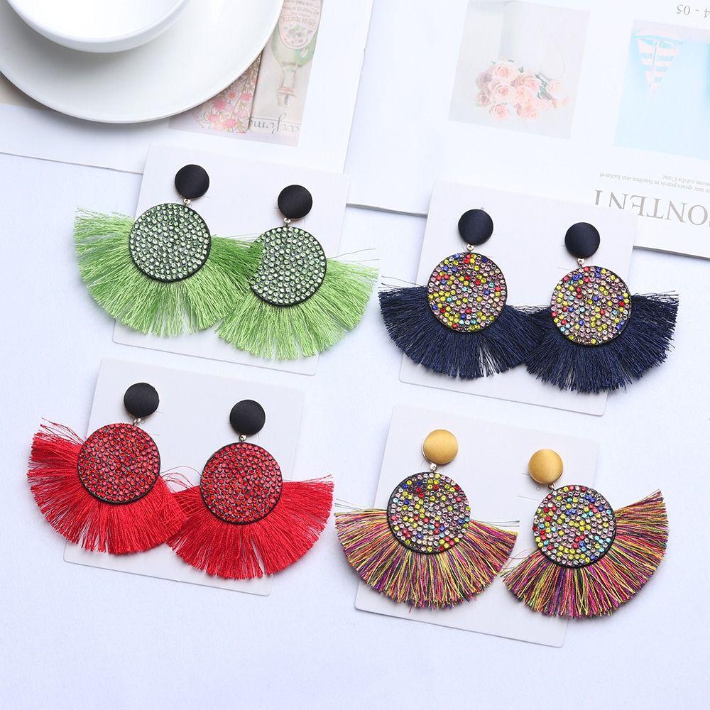Circular Fringe Drop Charm Crystal Glitter Dangle Geometric Fringe Earrings Valentine's Day