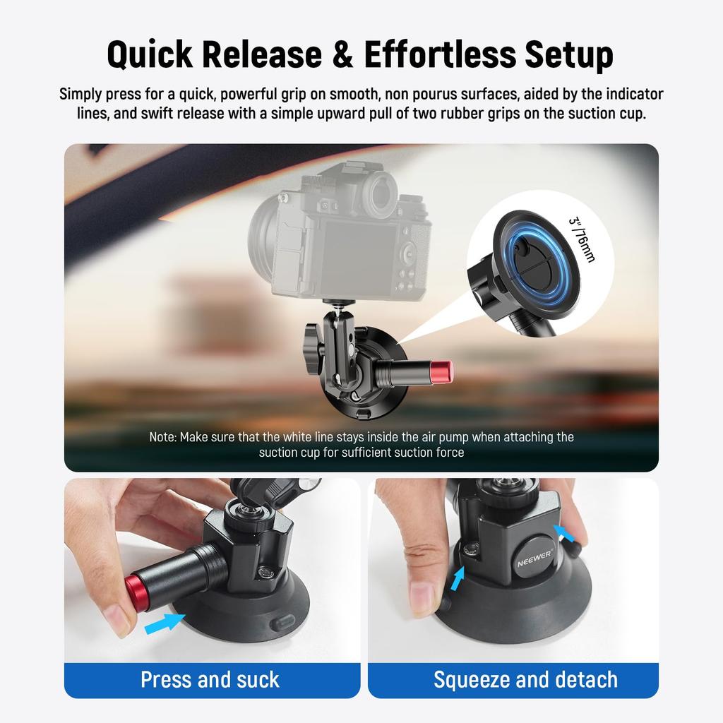 Neewer Vacuum Suction Cup Mount 3-inch Ball Head Magic Arm Smartphone and Action Camera Adapter Aluminum Quick Release Car Mount with 1/4" and 3/8"