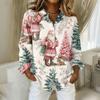 Women's Christmas Printed Button Up Long Sleeved Casual Regular Shirt With Collar Top