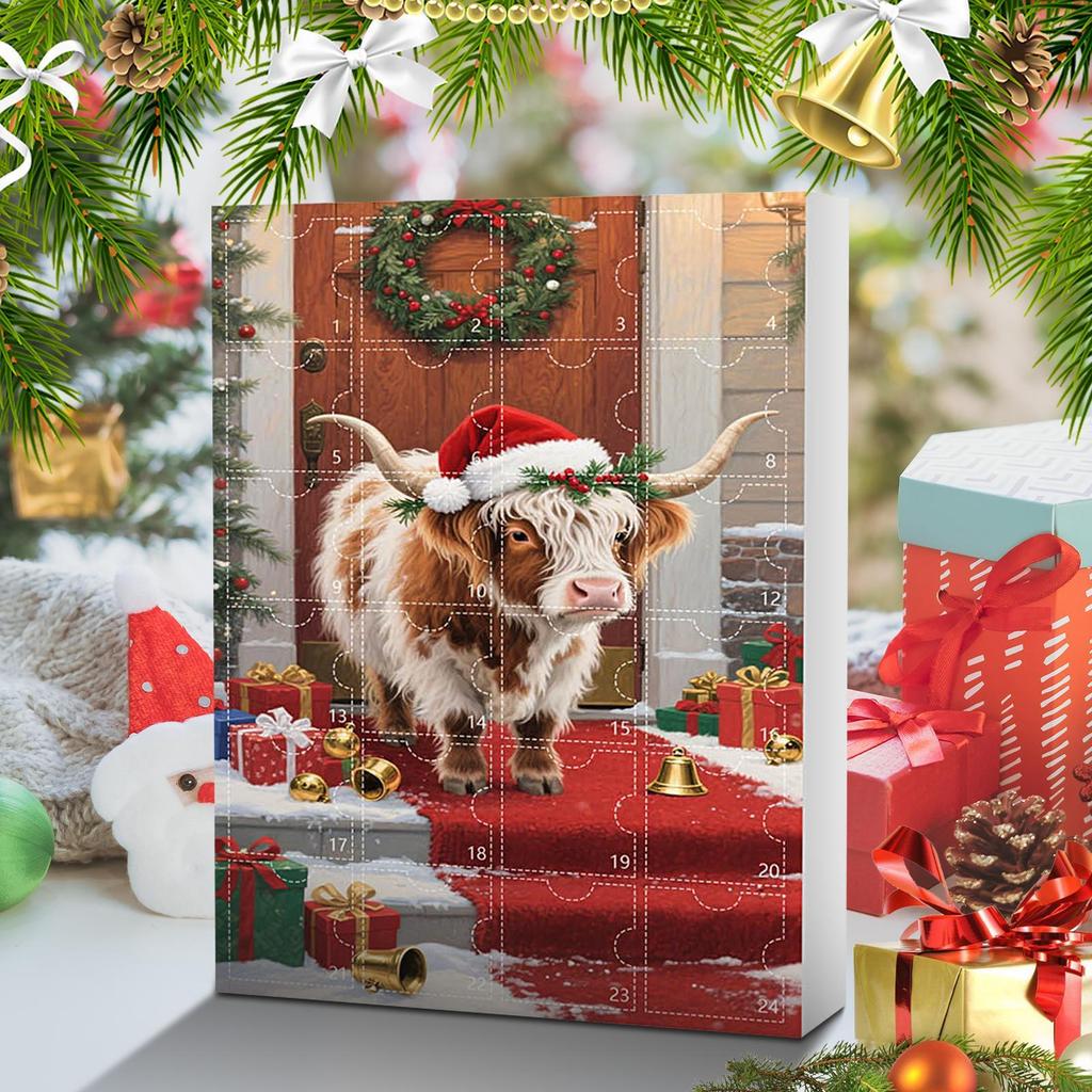 2025 Christmas Advent Calendar 24 Days Countdown 2D Acrylic Highland Cow Pendant Ornament for Car Home Window Decor Xmas Gift