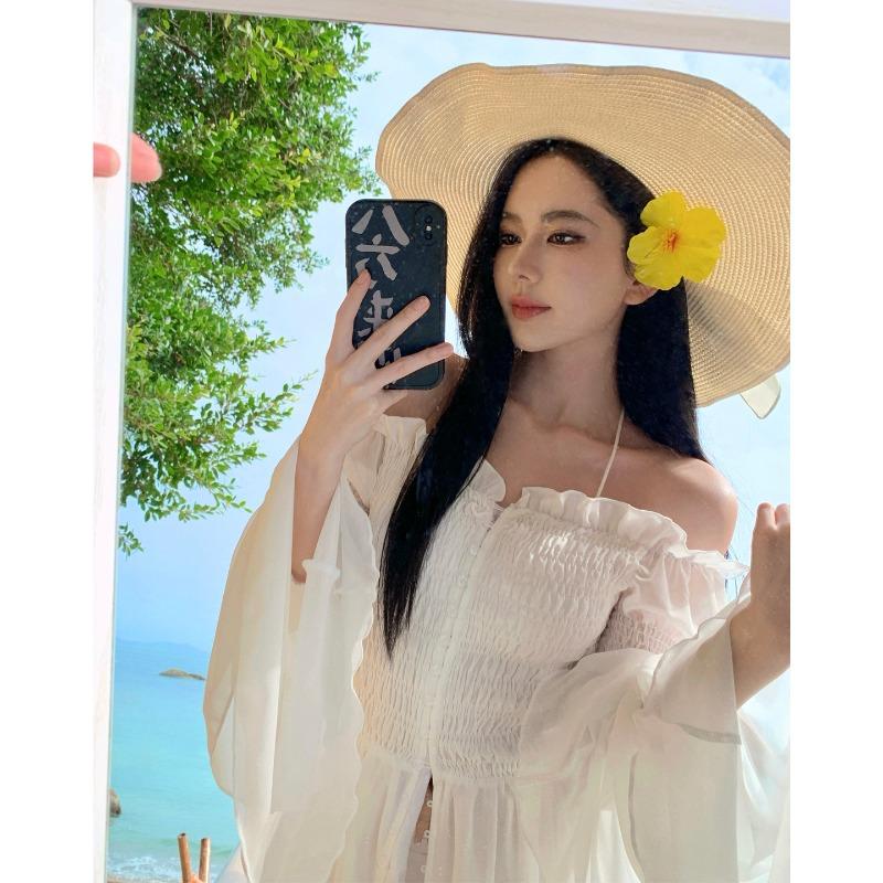 Design Sense White Flared Sleeve Wrap Pleated Split Pipe Top Long Dress Xianhai Island Resort Beach Dress