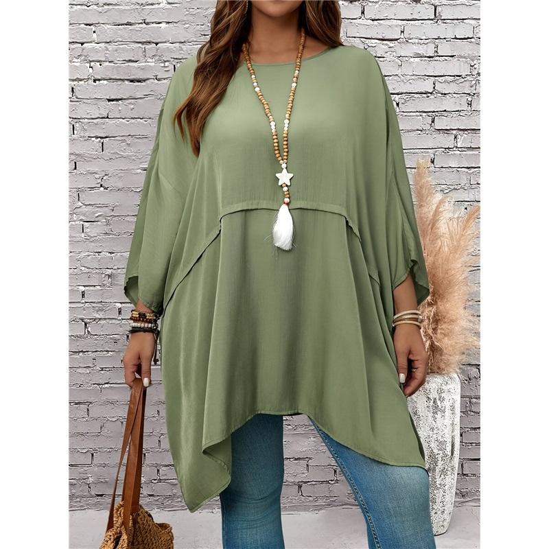 New Plus Size Women's Seven Quarter Sleeve Round Neck Top Made Of Polyester High Elasticity Loose Irregular T-shirt