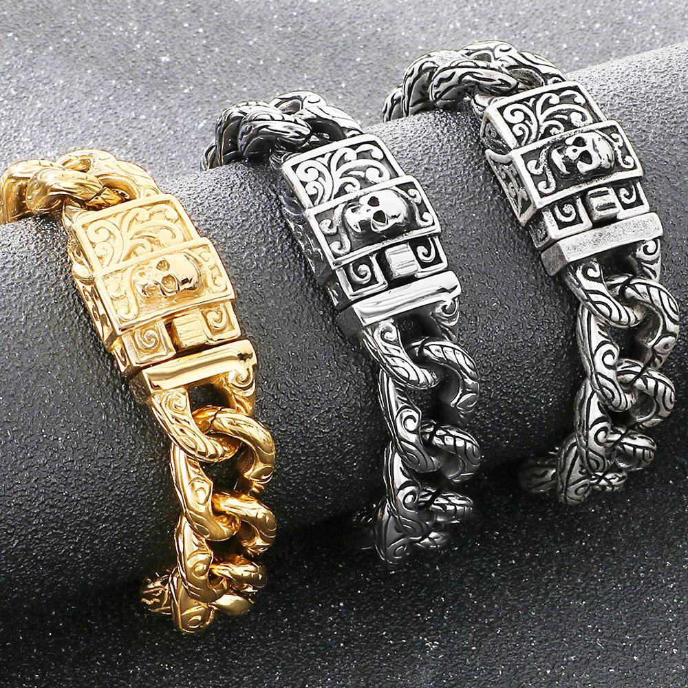 Punk Skeleton Jewelry Vintage Cuban Link Chain Bracelet for Man with Skull Head Clasp 316L Stainless Steel Bracelets and Bangles