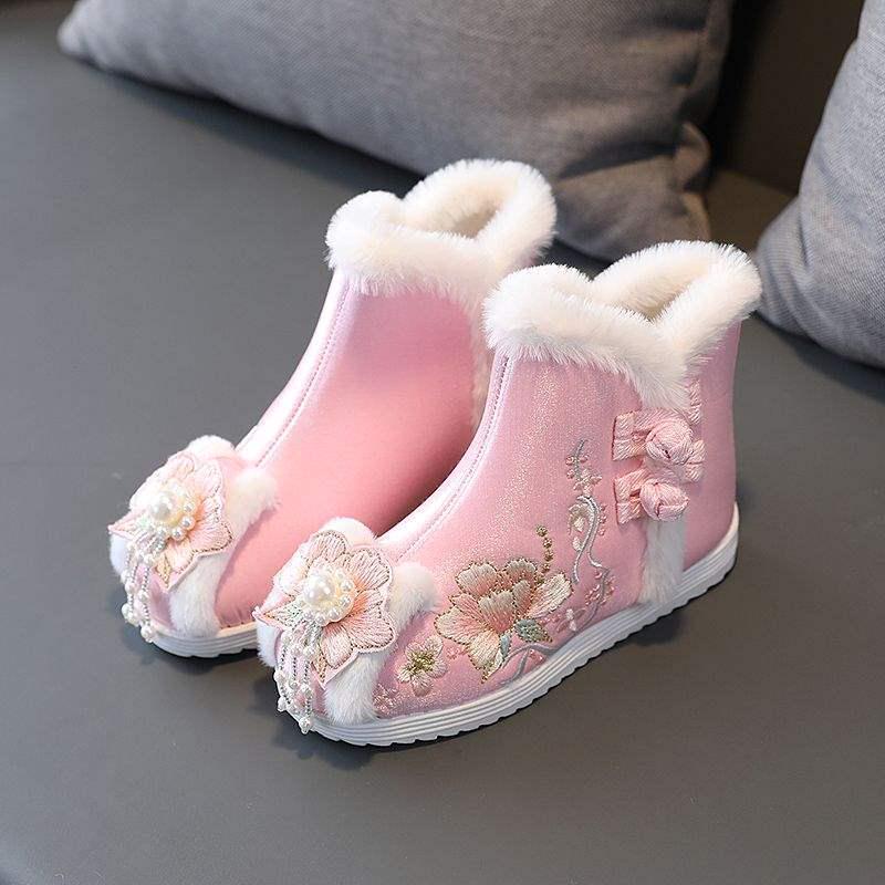 Cizme de Bumbac Căptușite cu Lână Hanfu pentru Copii - Stil Iarnă 2026, Pantofi Tradiționali Chinezești Brodați pentru Fete