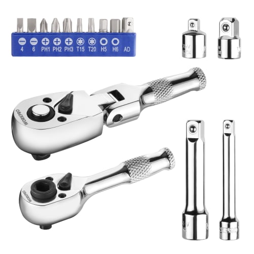 WORKPRO Bit Ratchet Wrench Set, 16-Piece Set with Swivel Socket Wrench, Ratchet Handle, Double-Ended Ratchet Wrench, 6.35mm and 9.5mm Drives, Bicycle,