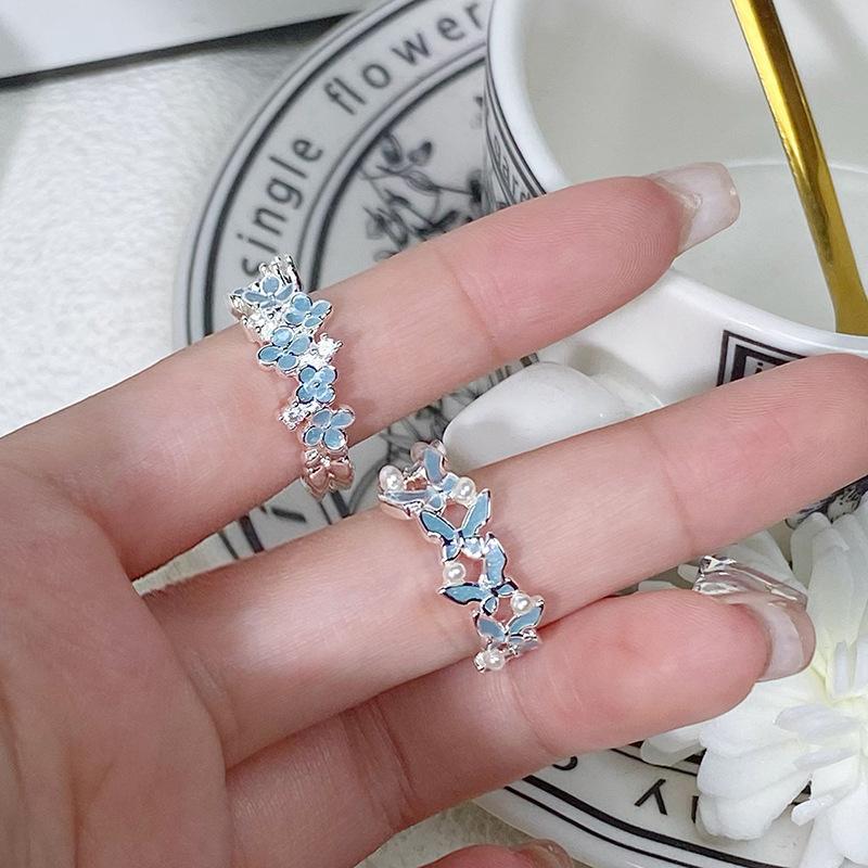 Spring And Summer Sea Blue Enamel Dripping Oil Flower Butterfly Opening Ring High Sense Personality Light Luxury Ring Women