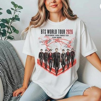 Kpop BTS World Tour 2026 the Red Genesis Map Print Oversized Casual Short Sleeve T-Shirt for Men And Women Korean Fans Gift Tops