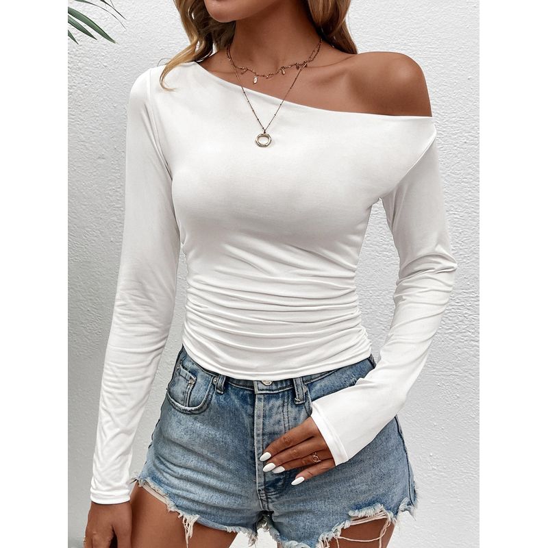 Solid Color Slanted Neck Long Sleeved Top Solid Diagonal Collar Long sleeve Top Women
