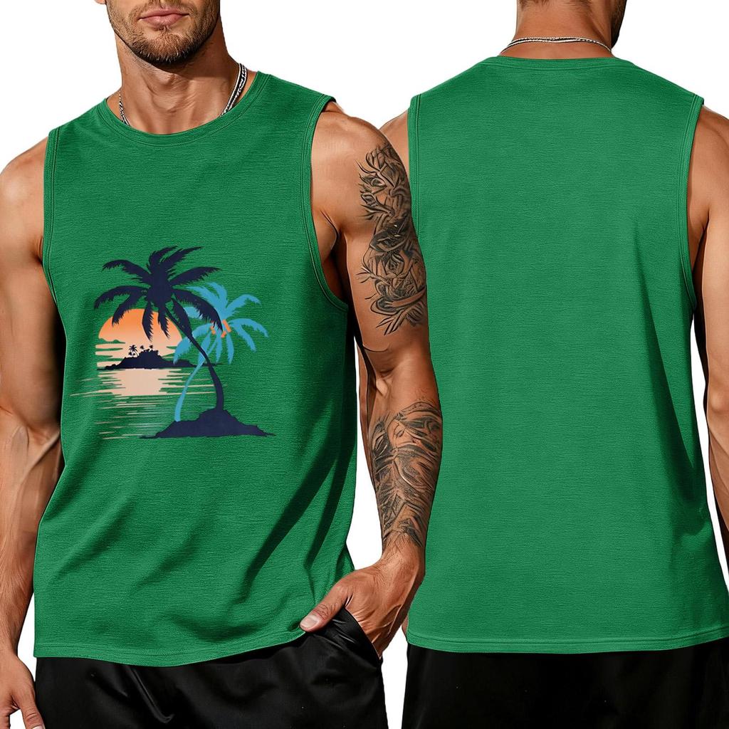 Men’s Sleeveless Crew Neck Tank Top with Tropical Tree and Print Casual Relaxed Fit Shirt