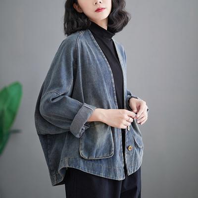 DIMANAF 2023 Spring Shirt Denim Coat Casual Long Sleeve Shirt Women Buttons Plaid Loose Blue Patchwork Hooded Design Vintage Tops