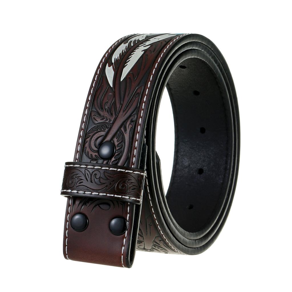 Men'S Punk Style Embossed Feather Vintage Leather Belt Button Personality Belt Western Denim Snap Belt