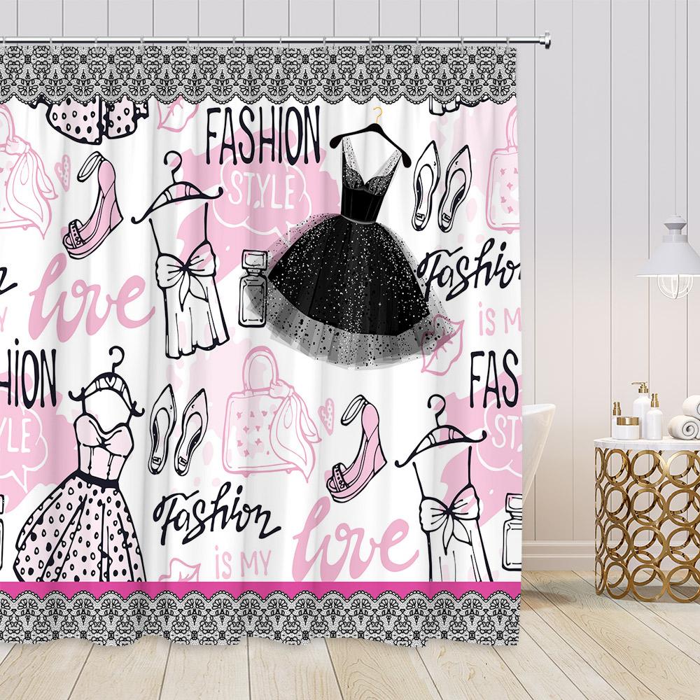 

Pink Perfume Fashion Shower Curtains Cosmetics High-heels Dress Floral Bathroom Decorations Girl Vintage Bath Curtain with Hooks 90x180cm-35x70in
