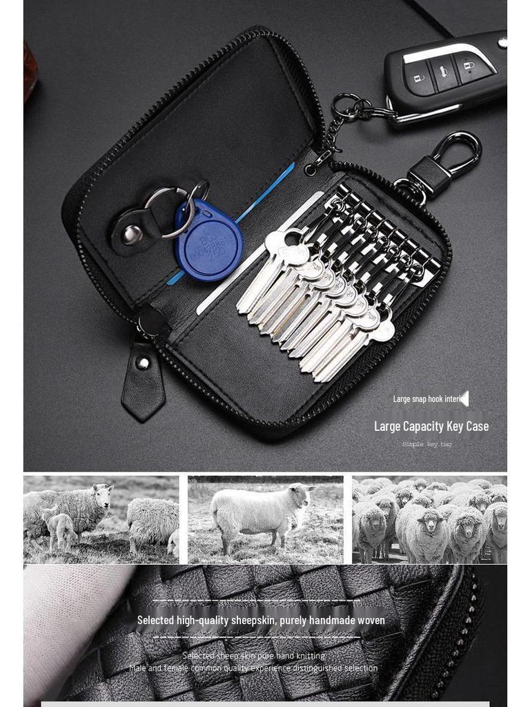 Men's Knitted Leather Car Key Pouch - Large Capacity Zipper Key Holder with Portable Keychain