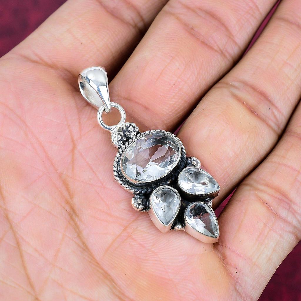 White Topaz Gemstone Pendant, 925 Solid Sterling Silver Antique Pendant, Handmade Jewelry Anniversary, Gift For Mom