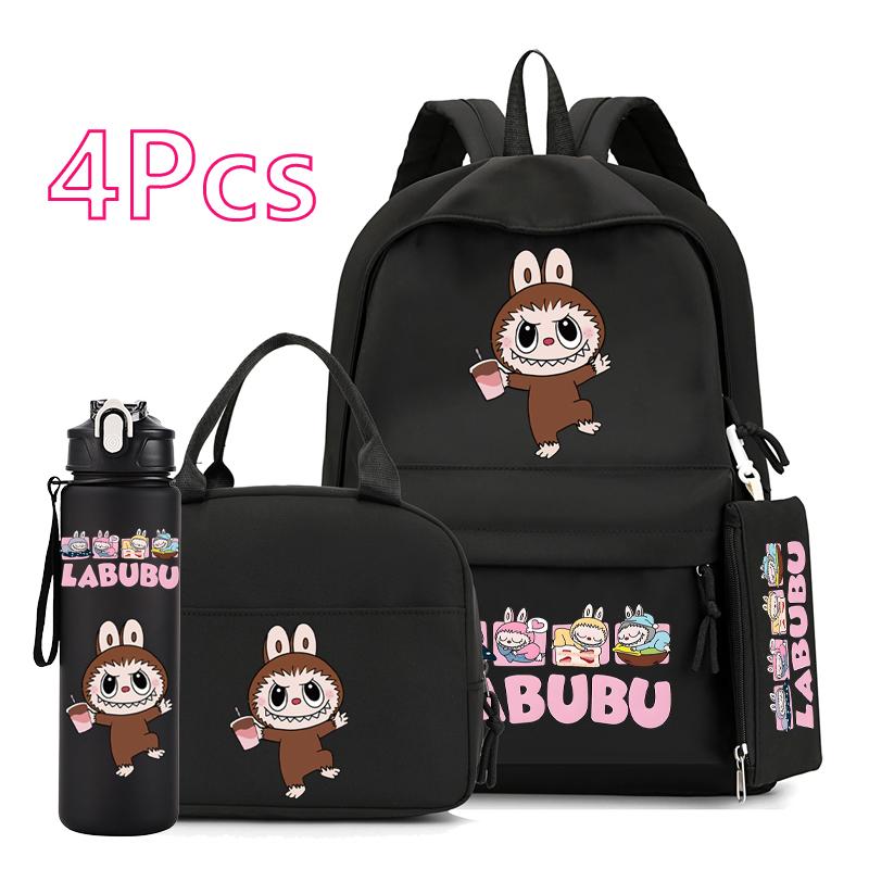 4Pcs/set Cute Anime Printed Backpack 750Ml Outdoor Sports Water Bottle Girl Boy Teen Student Schoolbag Child Kid Large Capacity Bookbag