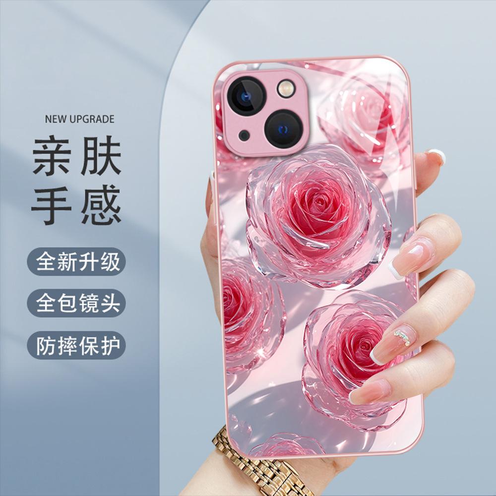 Beautiful Crystal Rose Mobile Phone Case iPhone16 High-value Glass Mobile Phone Case Apple 17promax Girls