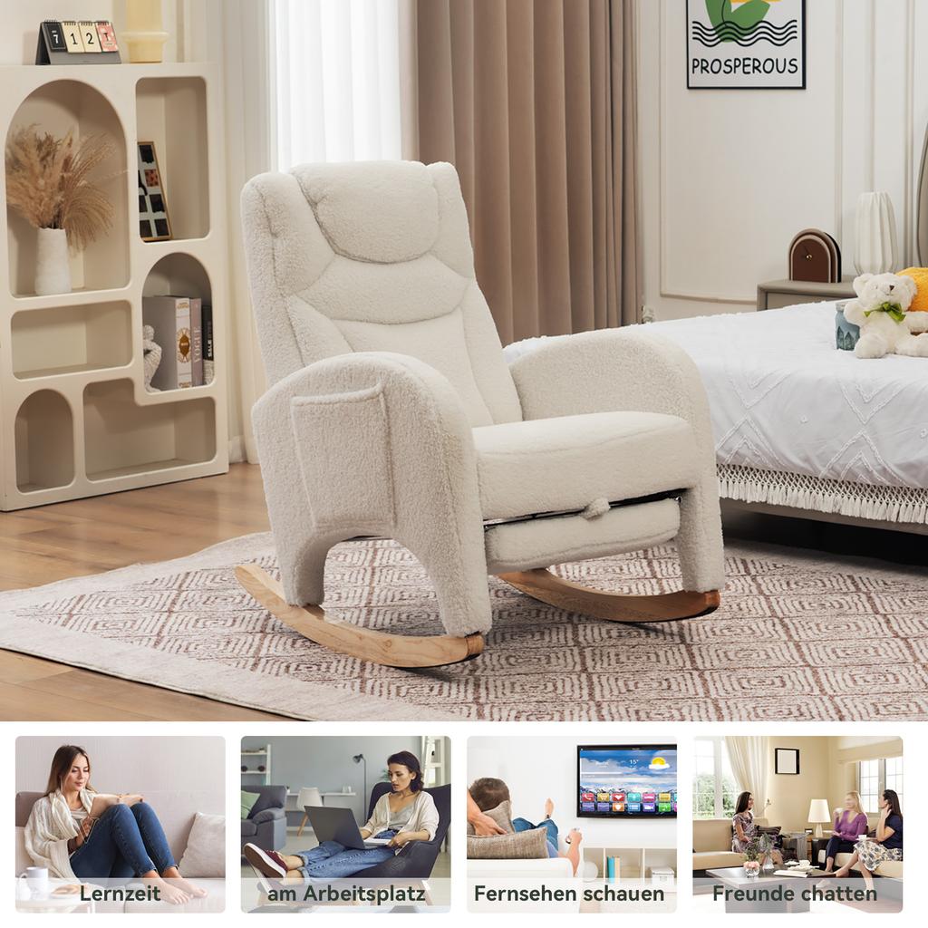 052 Rocking Chair, Recliner, Living Room Chair with Armrest, Upholstered, Accent Chair for Bedroom, White Teddy Fabric, 110 Kg Load Capacity