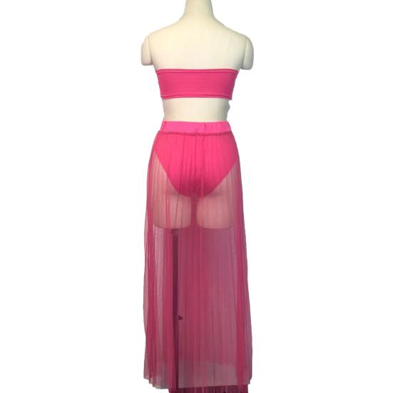 3Pcs/Set Vest Skirt Set Sexy Bandeau Tops High Waist Briefs Mesh Pleated Long Skirt Set Solid Color Outfit