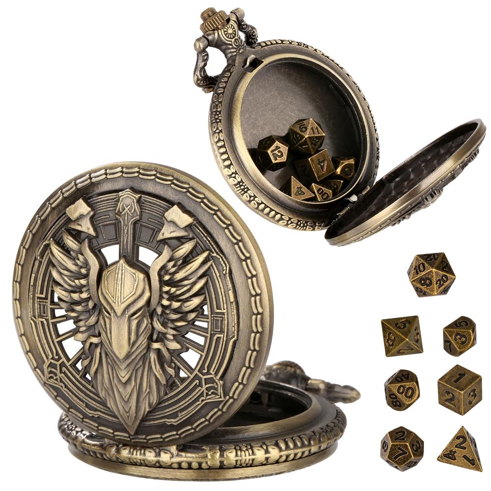 

Craved on Gold Color Paladin Pocket Watch Case fobs and chains Gamed Themed 7pcs Bronze Matal Dice Waist Hook Chain for Hero Men