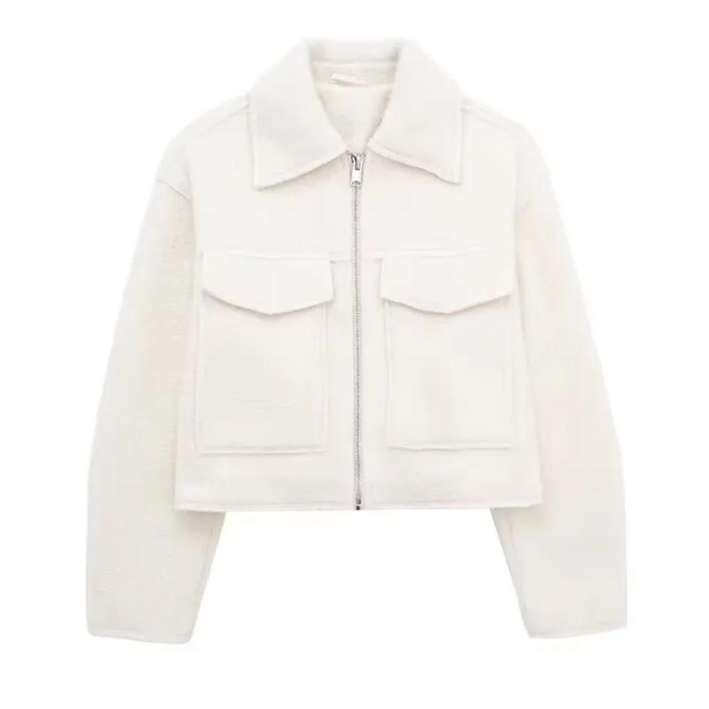 \Women Fashion with Pockets Grey Front Zipper Jackets Vintage Lapel Neck Long Sleeves Female Chic Lady Outfits