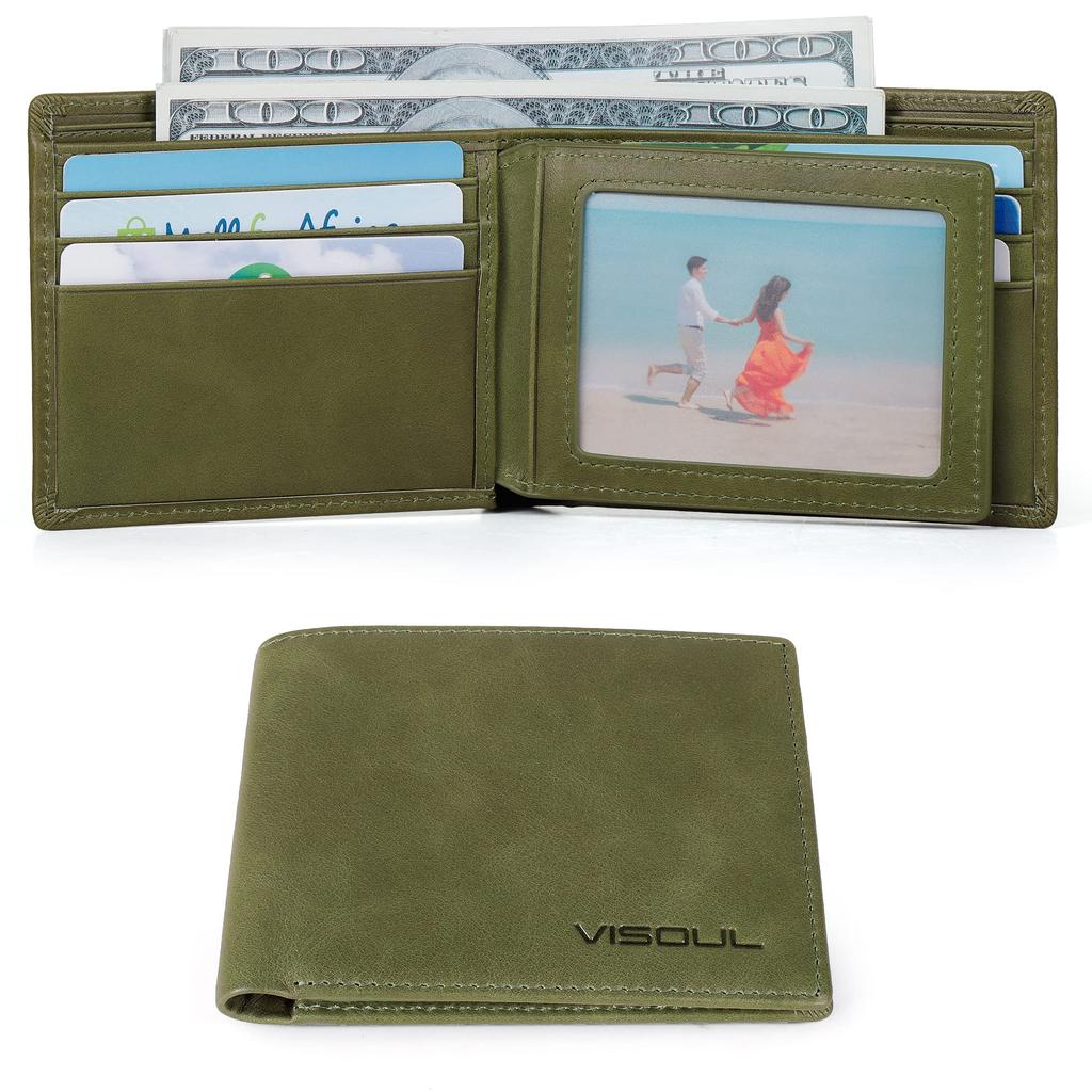 VISOUL Bifold Genuine 10 Card License Large No Coin Popular Italian Made by Top Leather Green Men's Wallet, Leather, Billfold, Slots, Driver's Slot,